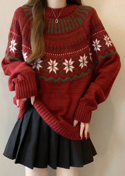 Stylish Wear New Red O Neck Jacquard Thick Knit Sweaters Winter