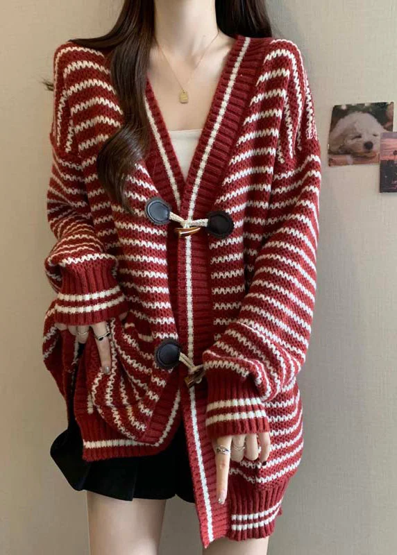 Timeless Comfort Handmade Red V Neck Striped Knit Cardigan Winter