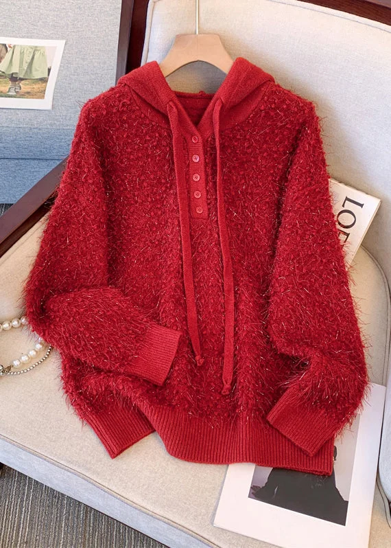 Everyday Style Women Red Hooded Thick Knit Sweater Tops Winter