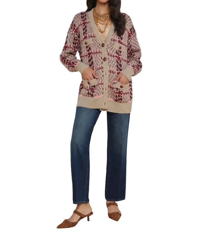 Cozy Vibes Macie Houndstooth Cardigan In Natural/pink Sequin