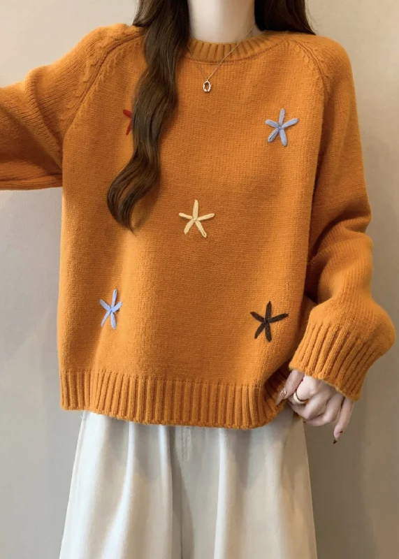 Elegant Comfort Stylish Yellow O Neck Thick Floral Knit Sweaters Winter