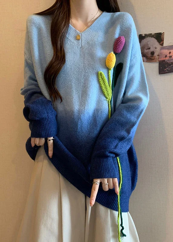 All-Day Comfort French Blue Gradient V Neck Floral Decorated Knitted Sweaters Winter