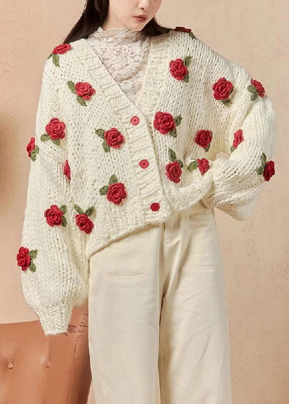 Weekend Style Floral White V Neck Hollow Out Cotton Knit Cardigans Spring