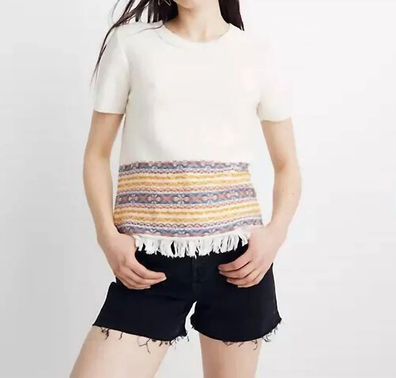 Design Must-have Fringed Short Sleeve Sweater In Beige