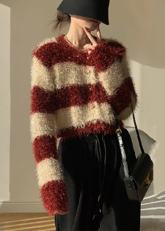 Summer Selection Stylish Red Striped Fluffy Button Knit Cardigans Winter