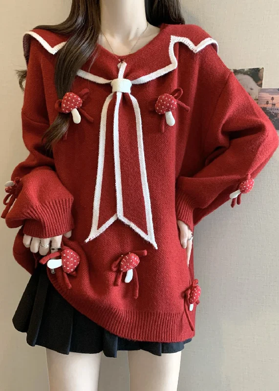 Relaxed Dresses Chic Red Sailor Collar Thick Knit Sweaters Winter