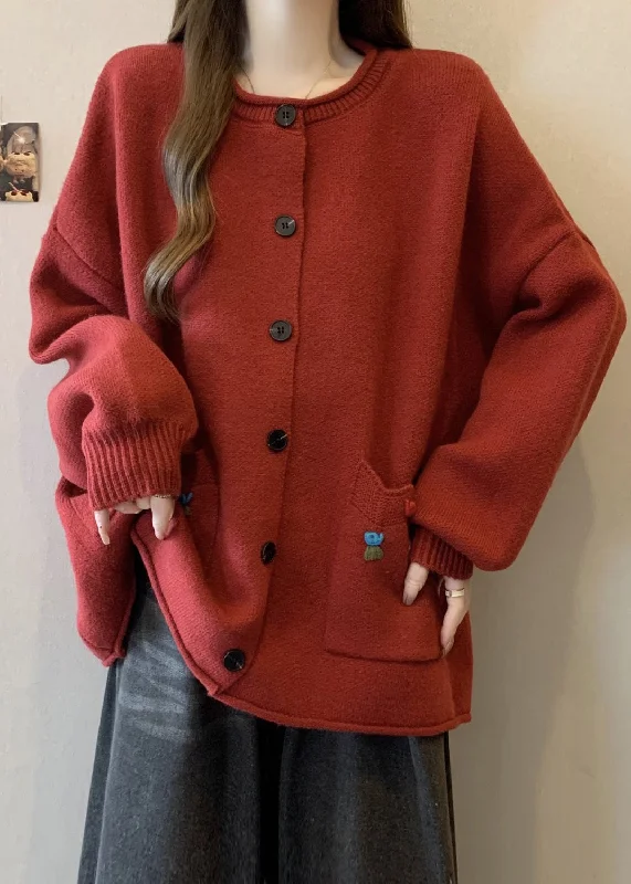 Playful Style Style Red O Neck Button Pockets Knit Cardigan Winter