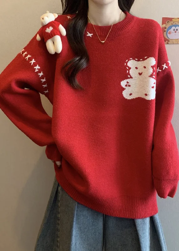 Floral Prints Unique Red O Neck Cartoon Patchwork Knitted Sweaters Winter