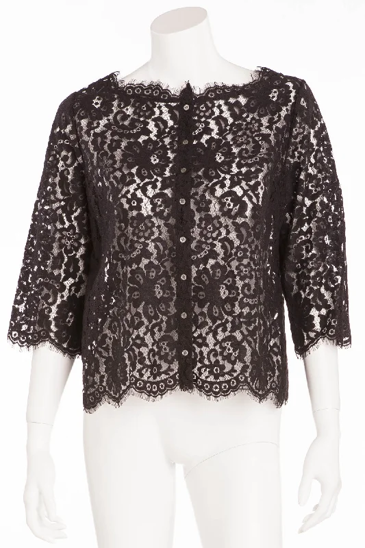 Street Fashion Joie - Black Lace Button Up 3/4 Sleeve Blouse -
