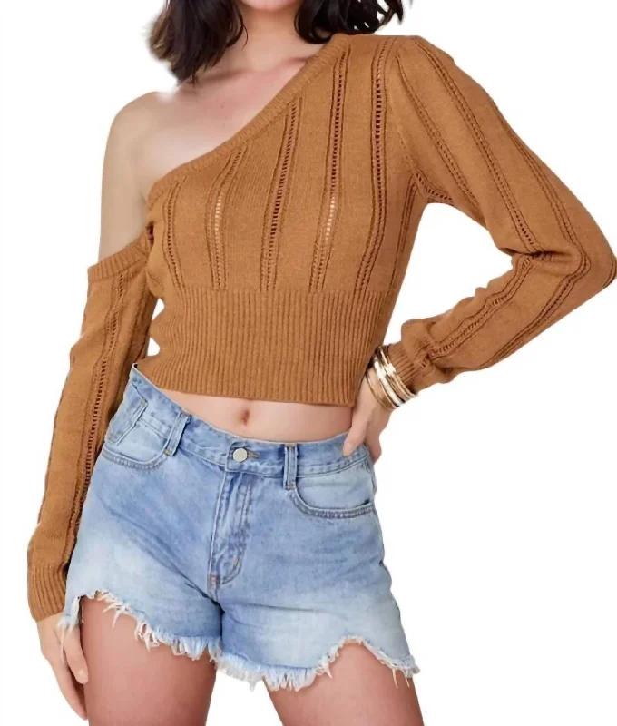 Elegant Wear Kendra Pointelle Knit One-Shoulder Sweater Top In Toffee