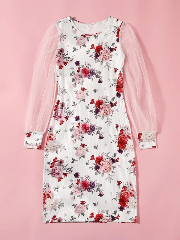Stylish Comfort Floral Rib-Knit Long Sleeve Round Neck Pencil Short Dress