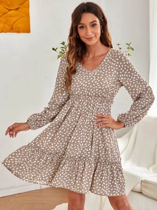 Modern Comfort All Over Print Ruffle Hem Long Sleeve V Neck Flounce High Waist Short Dress