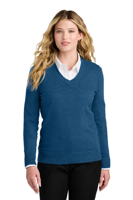 Relaxed Style Port Authority Womens Easy Care Long Sleeve V-Neck Sweater - Heather Aegean Blue Relaxed Style Port Authority Womens Easy Care Long Sleeve V-Neck Sweater - Heather Aegean Blue