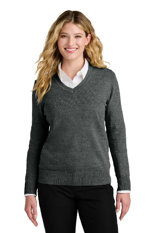 Exquisite Craftsmanship Port Authority Womens Easy Care Long Sleeve V-Neck Sweater - Heather Charcoal Grey Exquisite Craftsmanship Port Authority Womens Easy Care Long Sleeve V-Neck Sweater - Heather Charcoal Grey