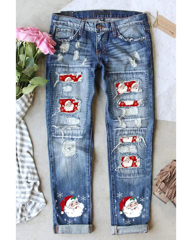 Casual Ease Azura Exchange Santa Claus Patchwork Distressed Boyfriend Jeans - 10 US