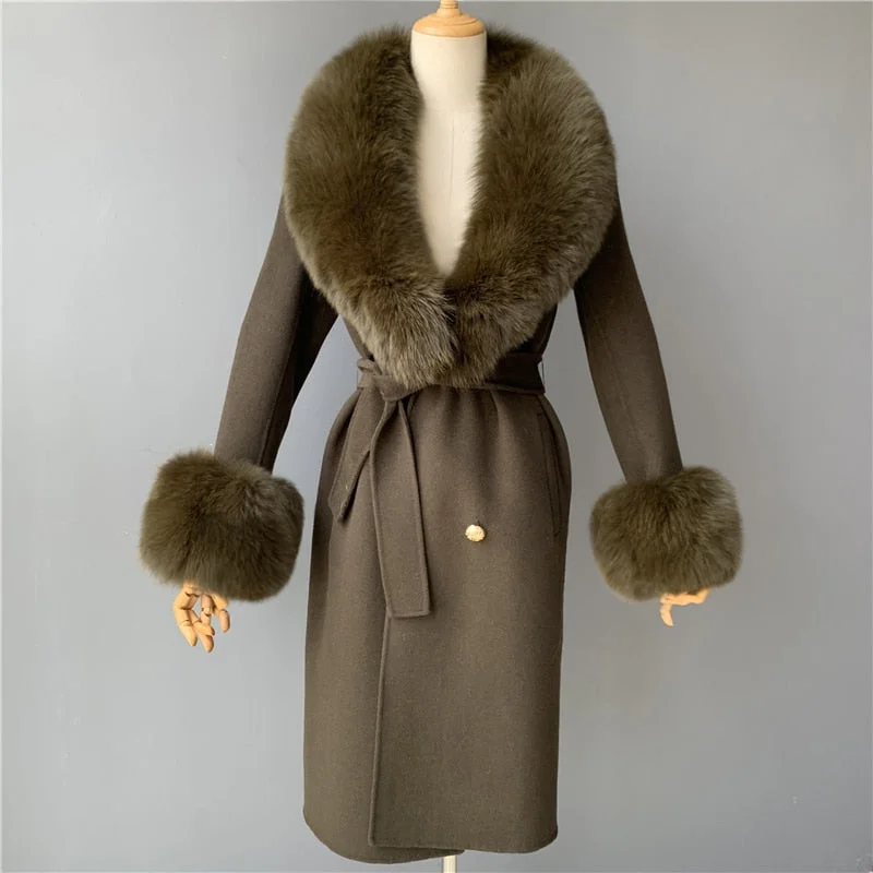 Slim Fit Women's Army Green Real Fox Fur Collar Cashmere Wool Blends Winter Jacket
