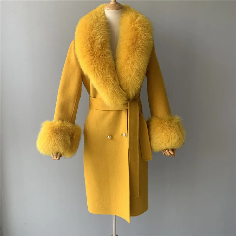 Cozy Fashions Women's Winter Mustard Yellow Wool Natural Fox Fur Collar Long Jacket