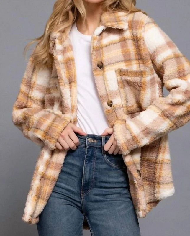 Customized Version Annika Oversized Plaid Faux Fur Shacket In Mustard