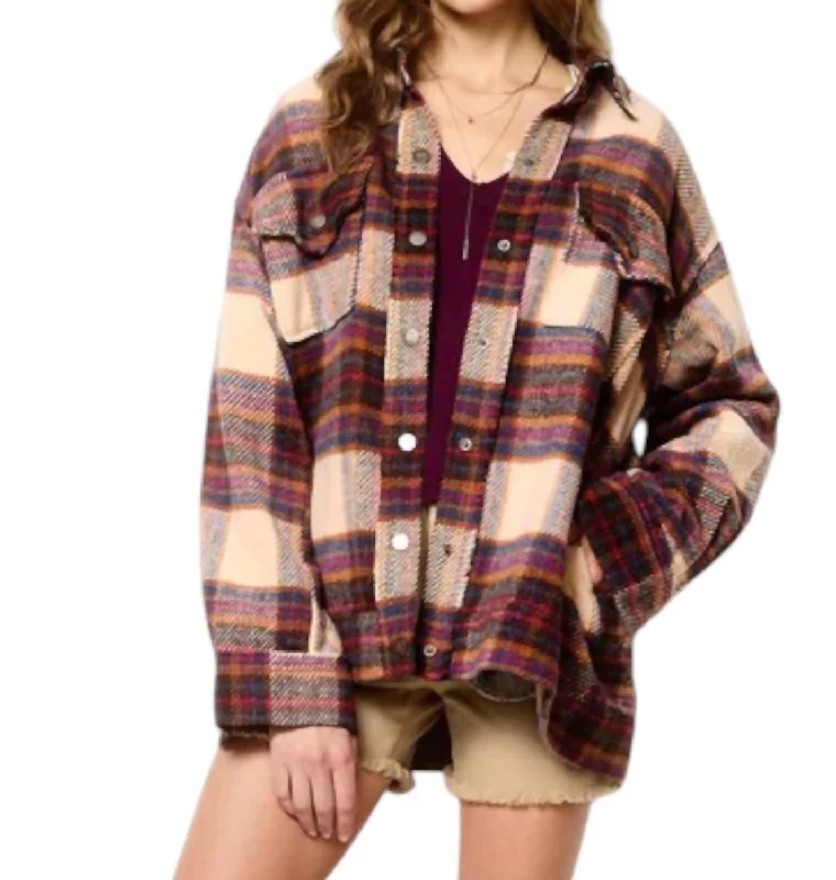 Timeless Outfits Beatrice Oversized Plaid Shacket In Coco