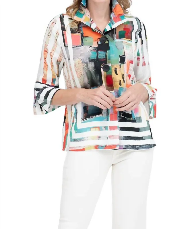 Mid-length Style Frame Art Jacket In Multi White