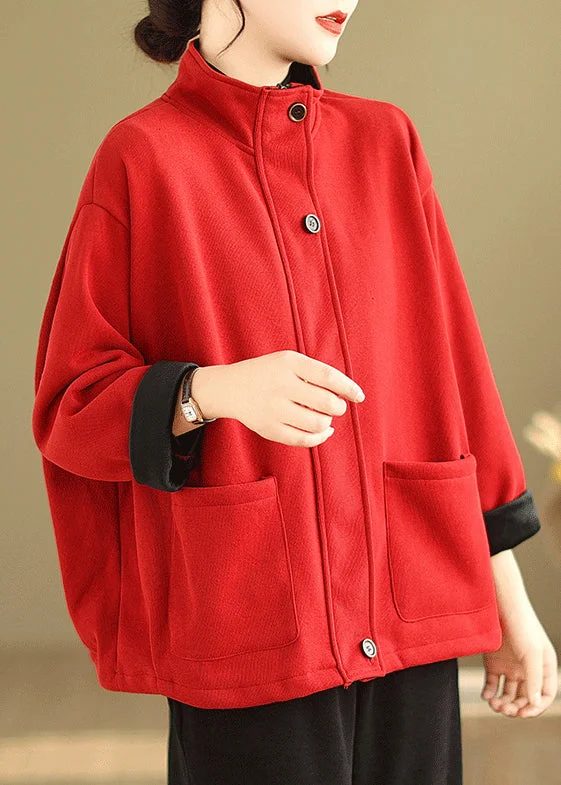 Hooded design Red Button Loose Warm Fleece Coat Stand Collar Long Sleeve