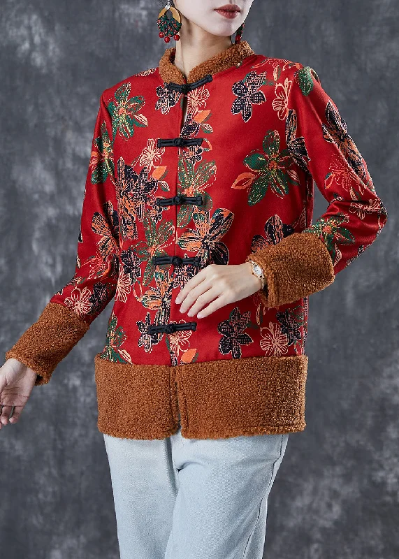 Stylish Casuals Red Patchwork Warm Fleece Jackets Chinese Button Winter