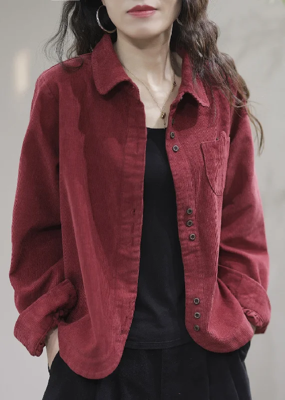 Light Comfort Red Pockets Button Solid Corduroy Coat Spring