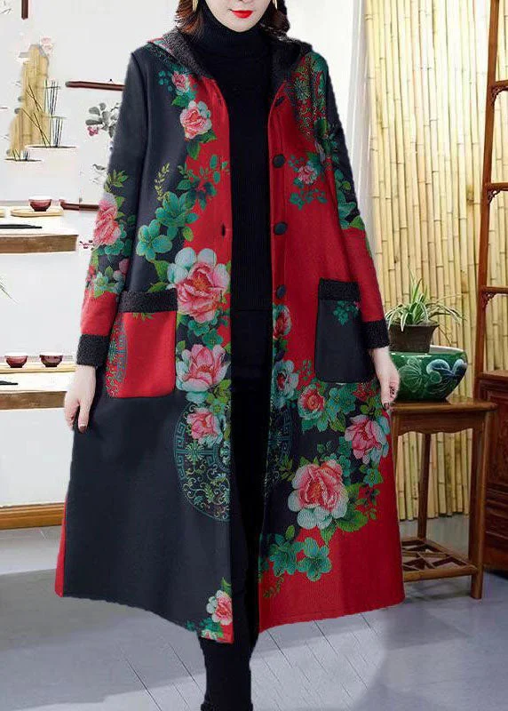 Cozy Fashion Trends Red Print Thick Warm Fleece Loose Trench Coats Winter