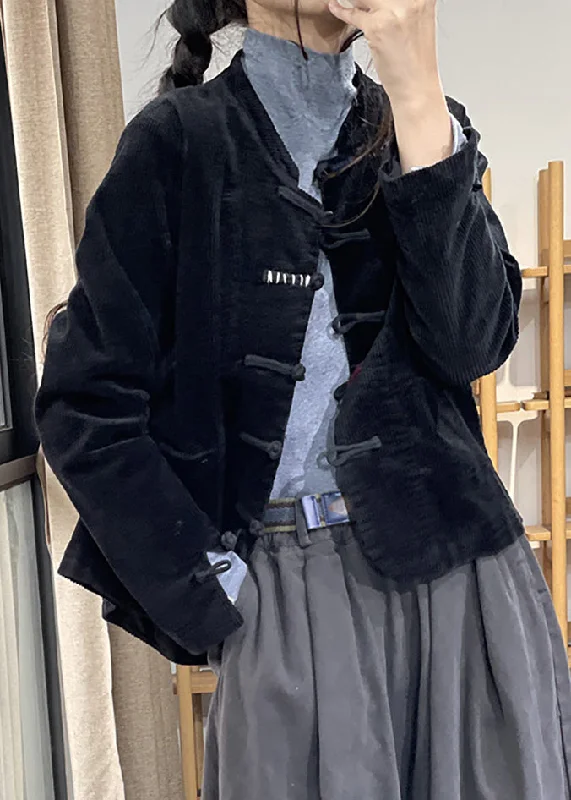 Personal Design Retro Black Stand Collar Pockets Thick Corduroy Coats Fall
