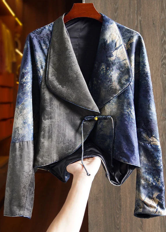 Elegant Design Retro Blue Notched Tassel Button Silk Coat Fall