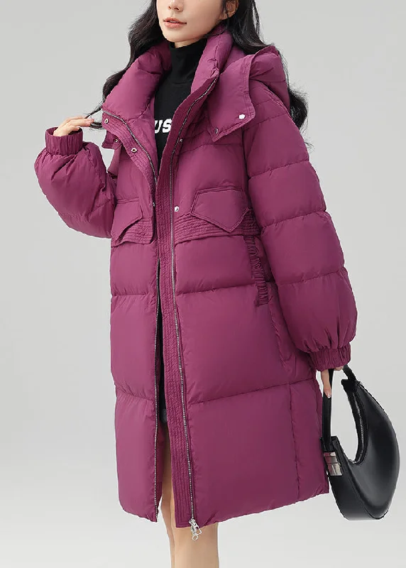 Cozy Street Style Rose Button Patchwork Duck Down Coat Hooded Long Sleeve