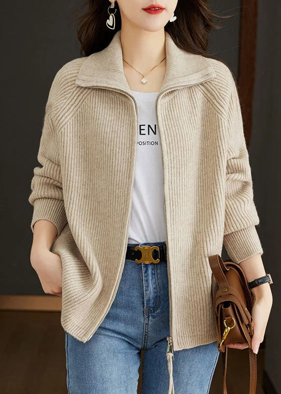 Knowledge And Elegance Simple Apricot Peter Pan Collar Zippered Patchwork Wool Coat Fall