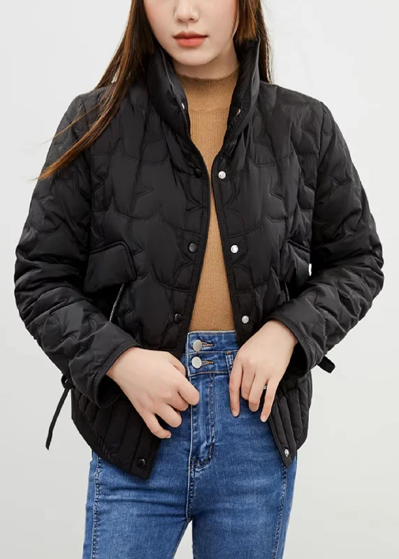 Soft Fabric Looks Simple Black Stand Collar Button Patchwork Thin Duck Down Coat Winter