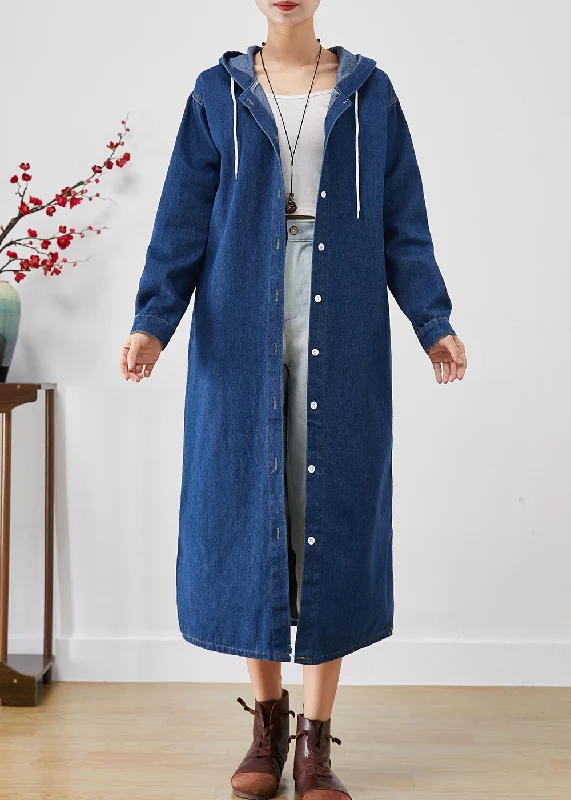 Elegant And Noble Simple Blue Hooded Button Down Denim Trench Coats Fall