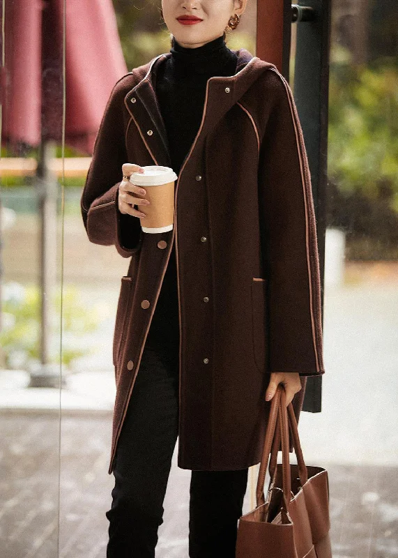 Casual And Versatile Simple Brown Hooded Patchwork Woolen Coat Outwear Fall