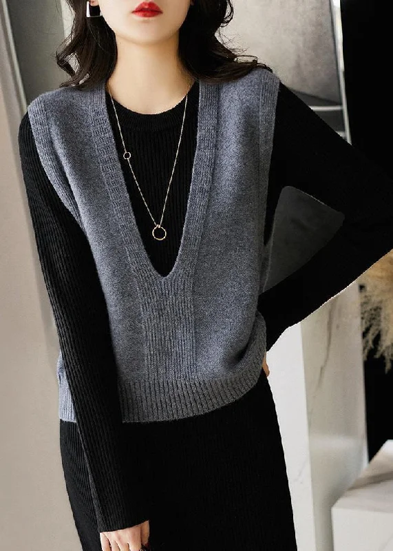 Leisure Travel Simple Dark Gray V Neck Patchwork Knit Waistcoat Sleeveless