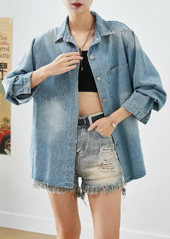 Classic Style Simple Light Blue Oversized Pockets Denim Shirt Coats Fall