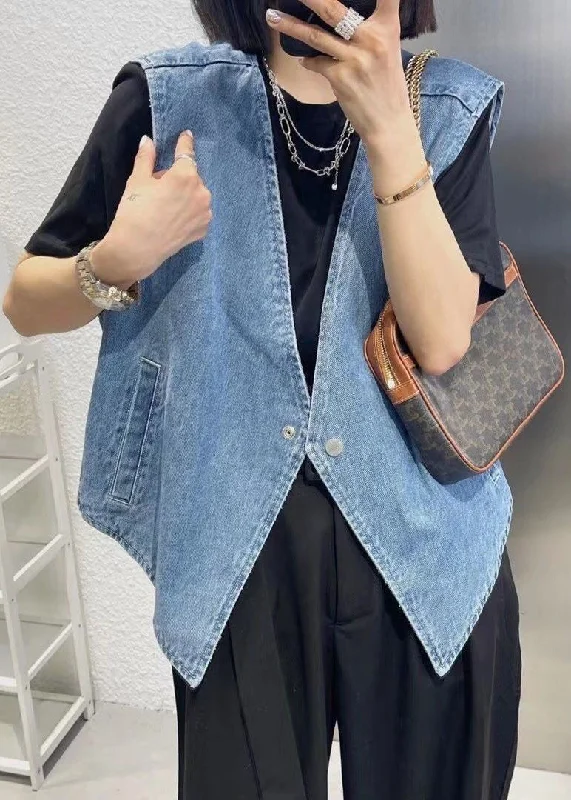 Wandering freely Simple Light Blue V Neck Patchwork Button Waistcoat Fall