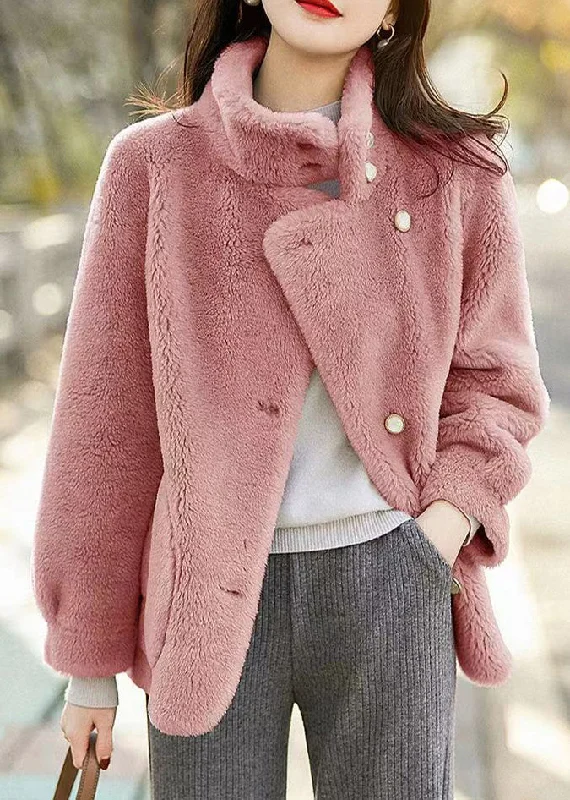 Cozy Chic Trends Simple Pink Stand Collar Pockets Patchwork Woolen Jackets Winter