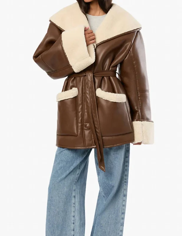 Street Fashion Vegan Leather Bonded Faux Fur Jacket In Brown