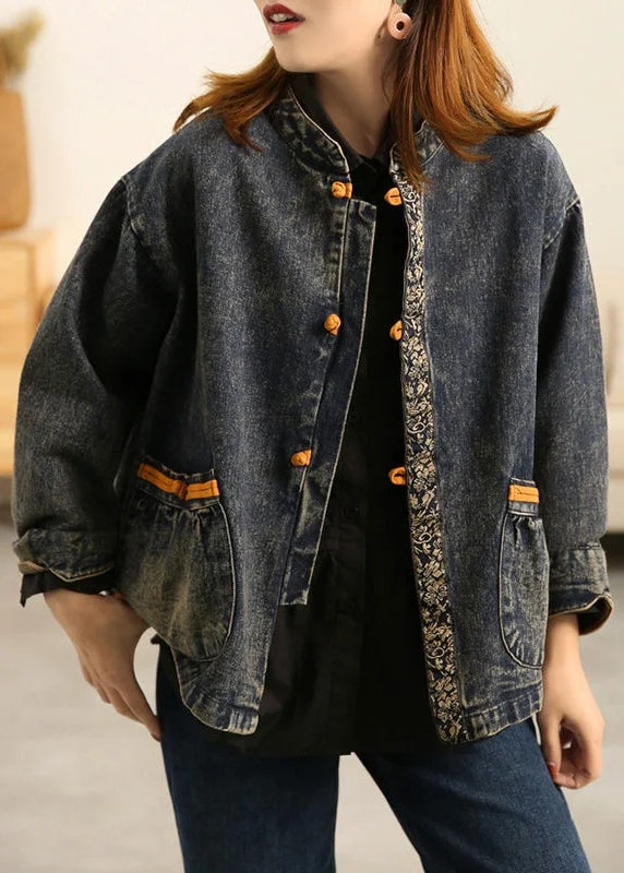 Spring Fashion Retro Patchwork Pocket Breasted Stand Collar Jacket