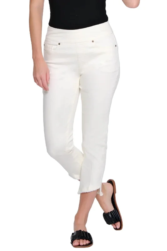 Party Wear 5 Pocket Angled Fringe Hem Jeans In Ivory