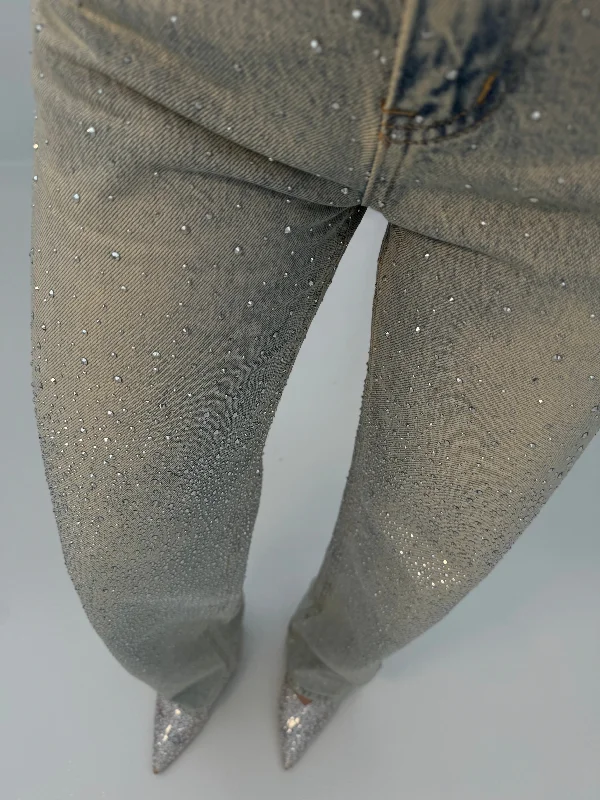 Embroidered Letters Jeans Sabbiato con ‘STRASS’
