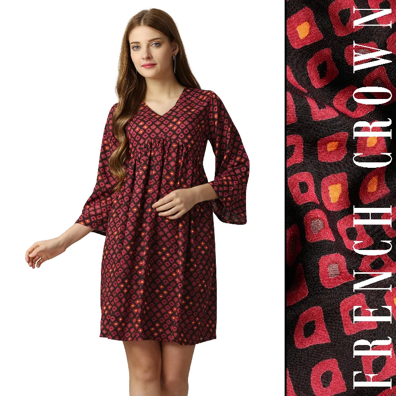 Warm And Comfortable Deep Carmine Red with Jade Black Printed Dress