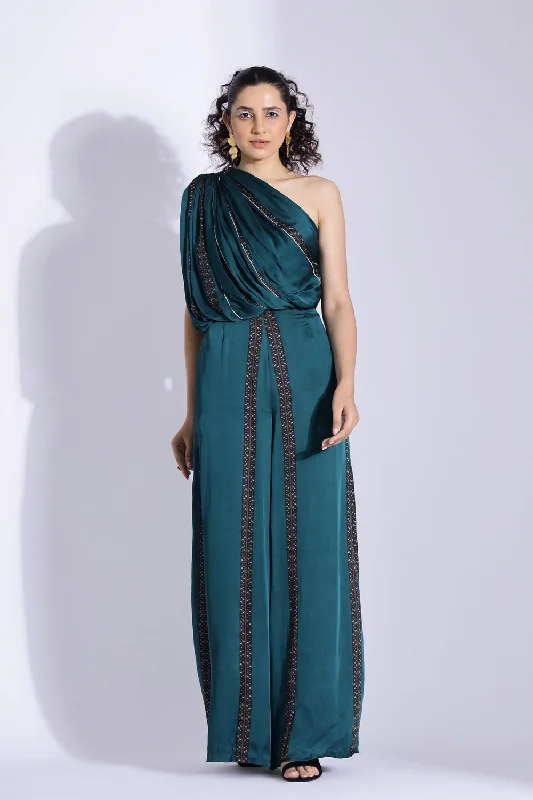 Simple Solid Color One Shoulder Drape Jumpsuit