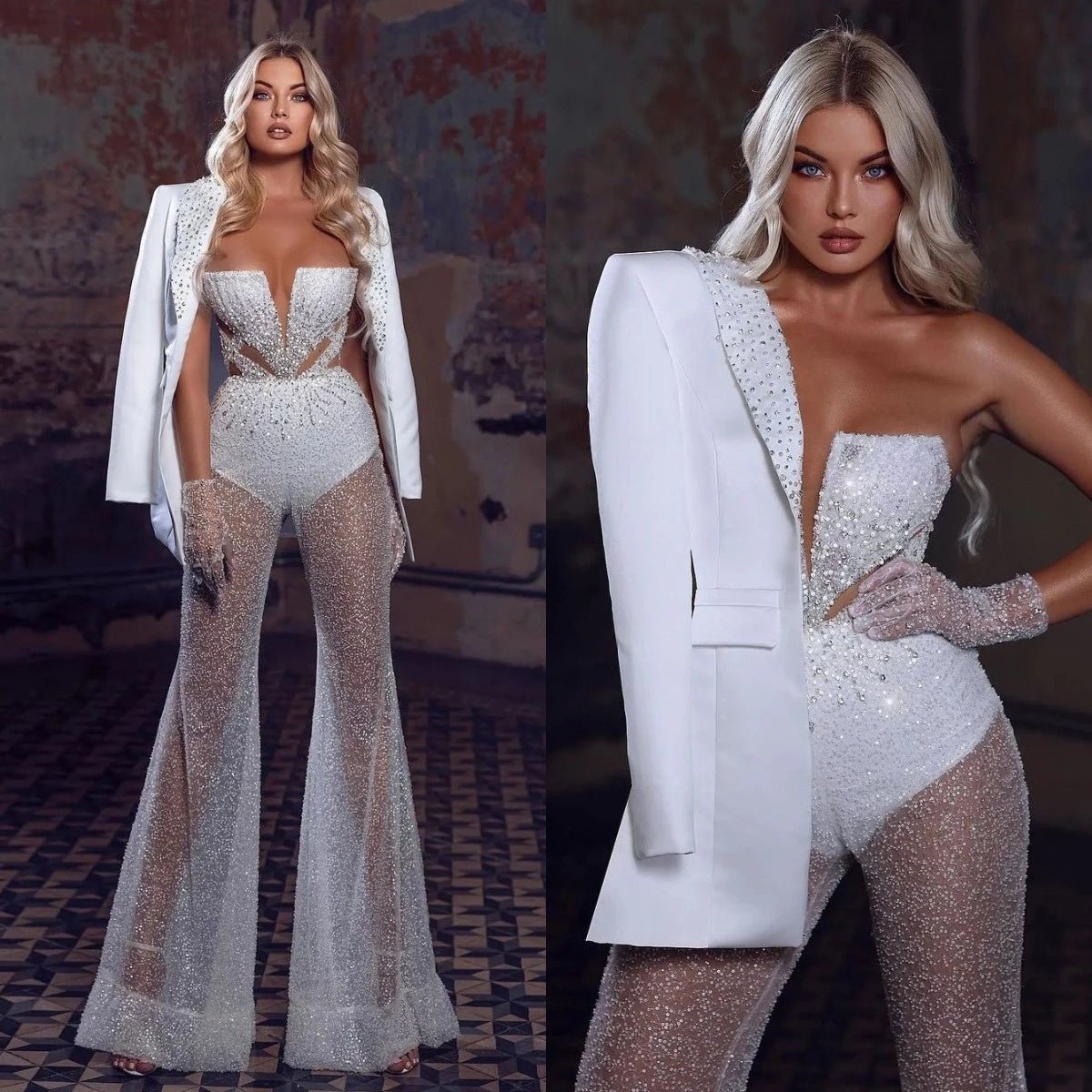 Layered Style Strapless Wedding Jumpsuit With Blazer