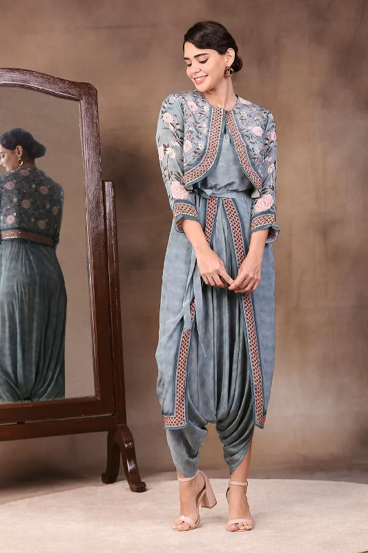 Noble And Elegant Vintage Trails Printed Dhoti Style Jumpsuit With Jacket