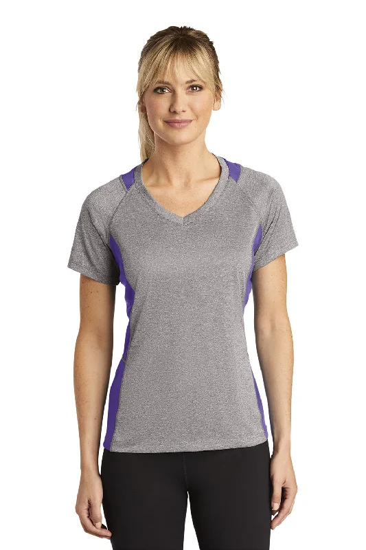 New Products Sport-Tek Womens Contender Heather Moisture Wicking Short Sleeve V-Neck T-Shirt - Heather Vintage Grey/Purple New Products Sport-Tek Womens Contender Heather Moisture Wicking Short Sleeve V-Neck T-Shirt - Heather Vintage Grey/Purple
