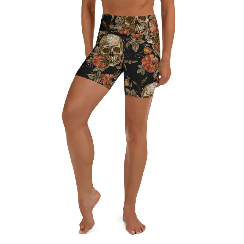 Bright Colors Embroidery Print Skull Yoga Shorts