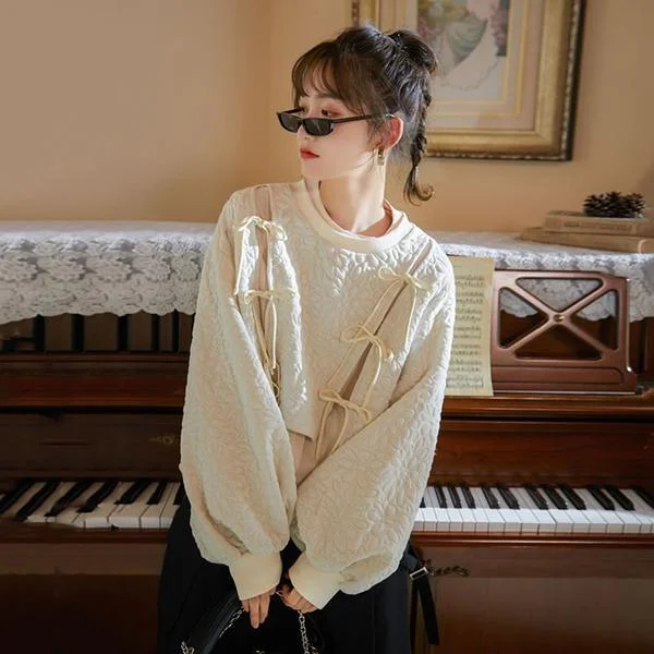 Cute Design Fashion Bandage Bow Sweatshirt Solid Color Casual Women Winter t Long Sleeve Pullover Cute Design Fashion Bandage Bow Sweatshirt Solid Color Casual Women Winter t Long Sleeve Pullover
